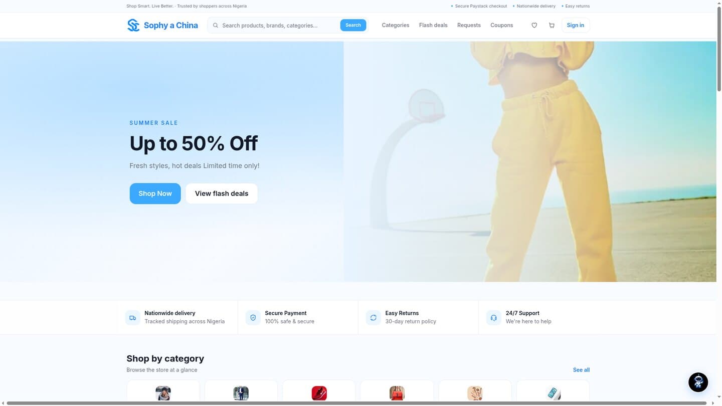 Sophy a China storefront with a summer sale banner and nationwide delivery.